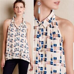 Maeve Women's Size 2 Tesni Swing Lipstick Print Sleeveless Button Front Tank